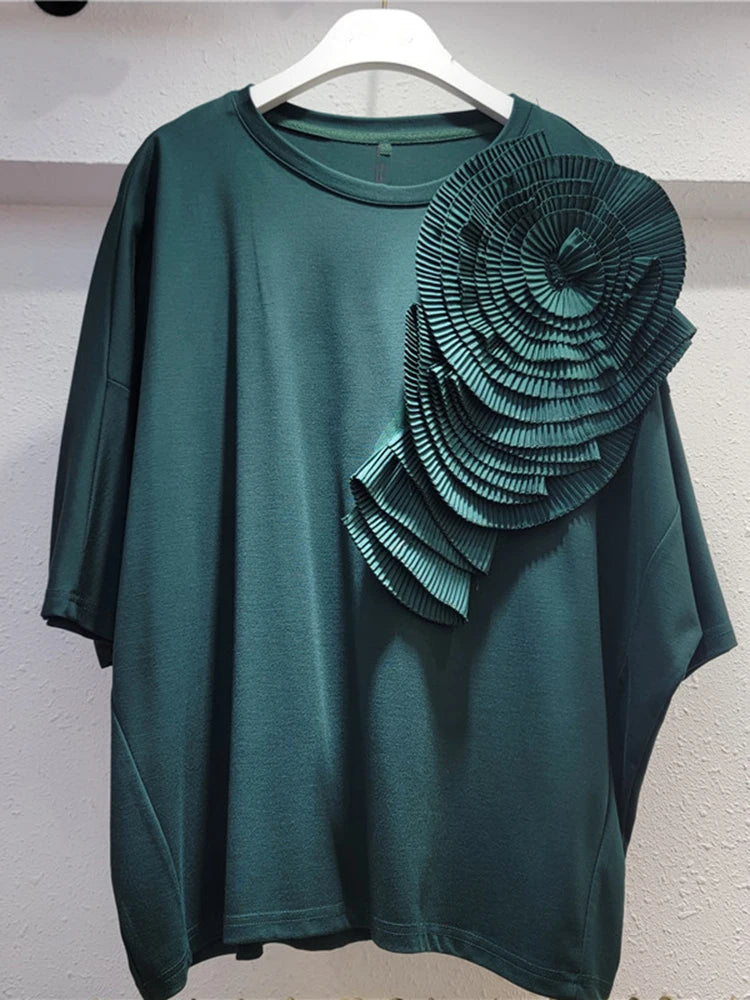 Women Rose Red Three-dimensional Flower Big Size T-shirt New Round Neck Short Sleeve Fashion Spring Summer 2025 1DH9985