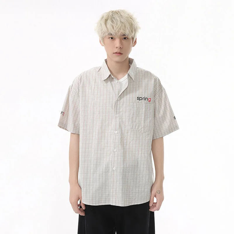 Men's Short Sleeve Shirts Plaid Collar Design New Summer Shirt Letter Printed Trendy Casual Loose Male Clothing 9W1593