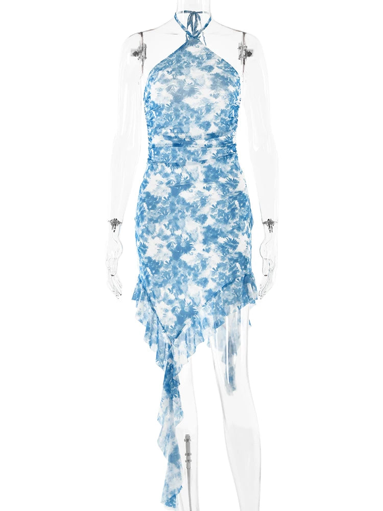 Sexy Sleeveless Mesh Patchwork Open Back Zipper Dress Women Bodycon Printed Mini Dress Female Party Club Evening Dress