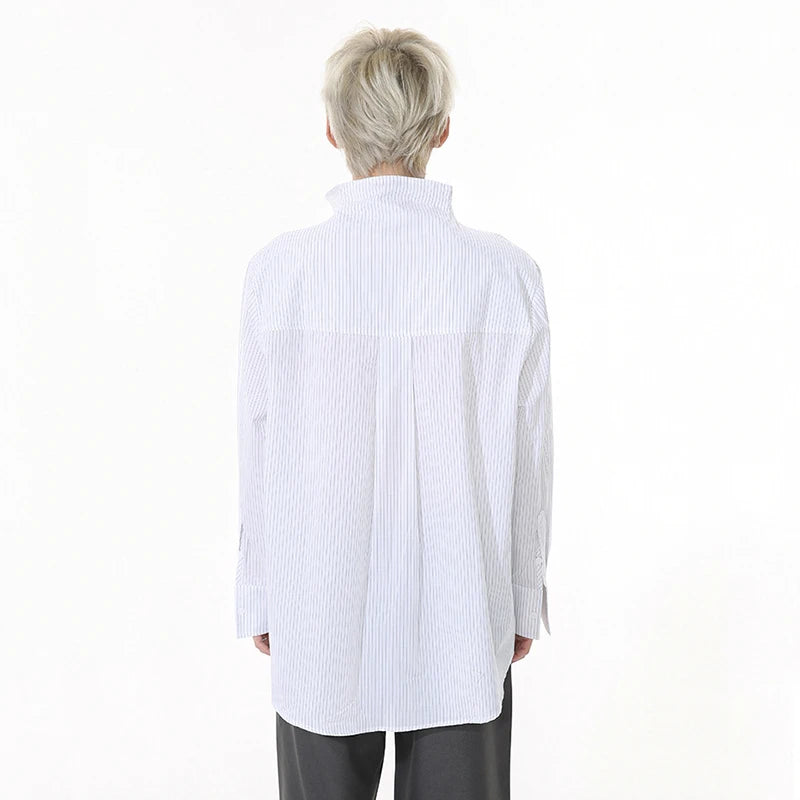 Striped Design Men's Shirts Stand Collar Single Breasted Casual Tops Korean Style Long Sleeve Loose Male Shirt New 9W1261