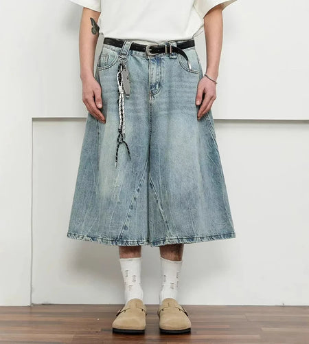 Men's Denim Shorts New American Hign Street Style Washed Loose Pants Solid Color Trendy Wide Leg Male Bottoms 9W1697