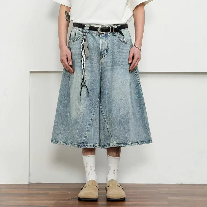 Men's Denim Shorts New American Hign Street Style Washed Loose Pants Solid Color Trendy Wide Leg Male Bottoms 9W1697