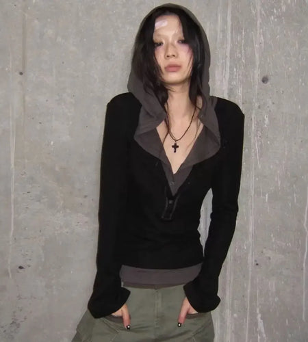 Patchwork Punk Woman Tshirts Y2k Tops 2024 Ropa Mujer Fake Two Tunic Tees Long Sleeve Fashion Camisetas Hooded Casual T-shirt