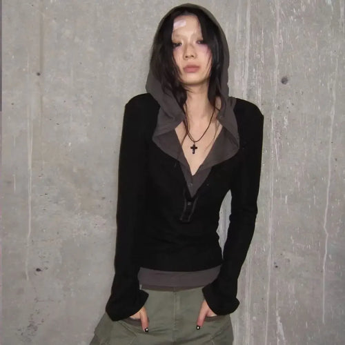 Load image into Gallery viewer, Patchwork Punk Woman Tshirts Y2k Tops 2024 Ropa Mujer Fake Two Tunic Tees Long Sleeve Fashion Camisetas Hooded Casual T-shirt
