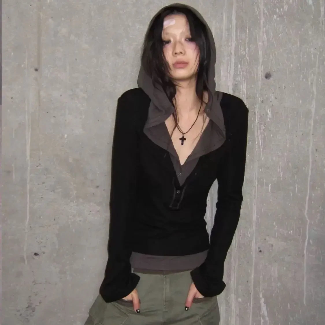 Patchwork Punk Woman Tshirts Y2k Tops 2024 Ropa Mujer Fake Two Tunic Tees Long Sleeve Fashion Camisetas Hooded Casual T-shirt