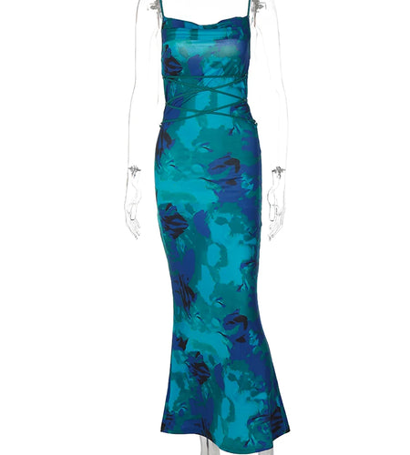 Elegant Floral Print Sleeveless Backless Lace Up Sexy Slim Slip Maxi Dress Summer Women Clothes Festival Rave Party