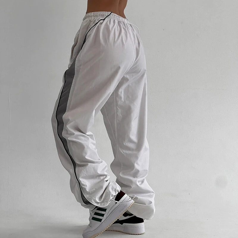 Street Style Stripe Spliced Baggy Trousers Techwear Drawstring Sporty Chic Casual Female Pants Joggers Harajuku 2024