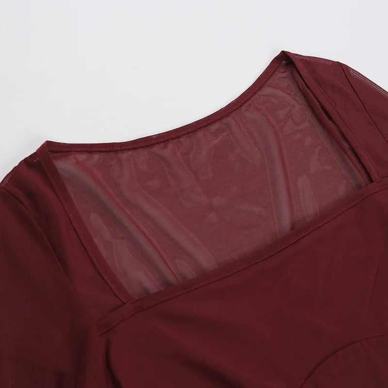 See Through Mesh Sexy Maxi Dress For Women Fashion Square Collar Long Sleeve Ruched Bodycon Club Party Long Dress