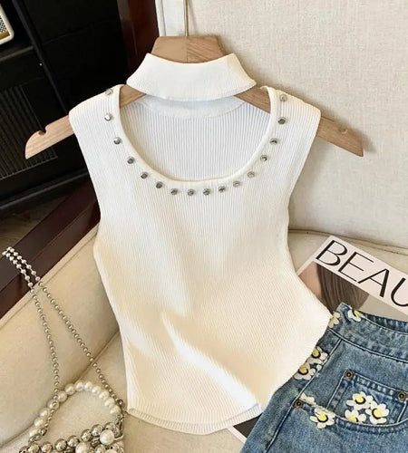 Korean Solid Diamonds Hollow Out Slim Short Knitted Vest Women Round Neck Sleeveless Holiday Pullover Top 2025 Summer Simplicity