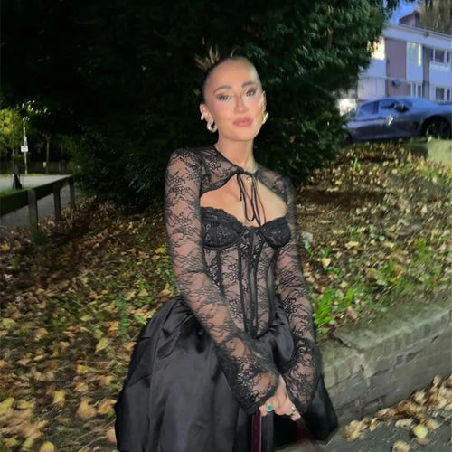 Load image into Gallery viewer, Black Lace Puffball Sexy Mini Dress For Women Fashion Lace-up Sheer Long Flare Sleeve High Waist Club Party Dress
