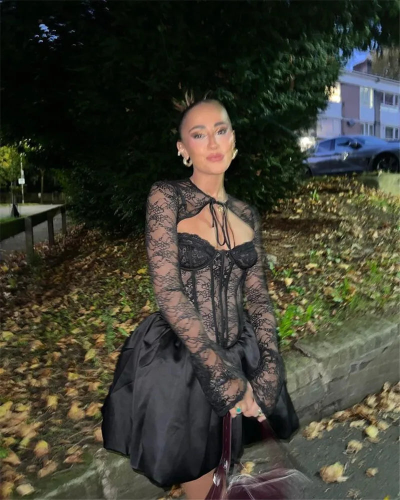 Black Lace Puffball Sexy Mini Dress For Women Fashion Lace-up Sheer Long Flare Sleeve High Waist Club Party Dress