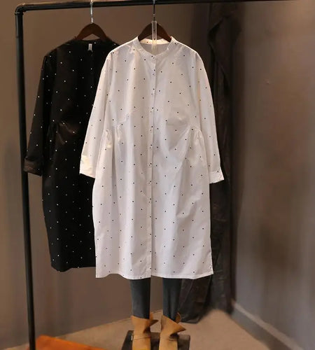 Women Blouses 2022 New Long Sleeve Top Polka Dot Print Casual Fashion Shirts Female Clothes Loose Medium Long White Blouse