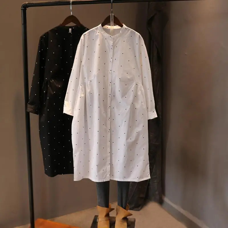 Women Blouses 2022 New Long Sleeve Top Polka Dot Print Casual Fashion Shirts Female Clothes Loose Medium Long White Blouse