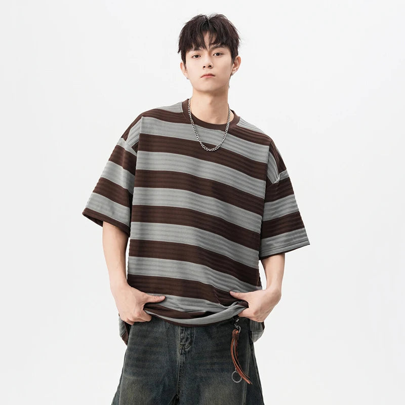 Striped Male Short Sleeve T-shirts New Summer Round Neck Design Pullover Fanshion Stylish Men's Loose Clothing 9W1667