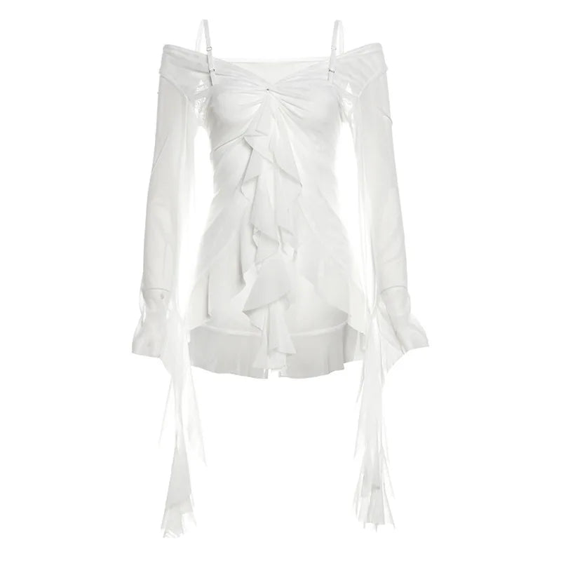 Y2k Aesthetic Gauze Irregular Ruffled Tshirts Women Slim Fit Grunge Fairy Solid T Shirt Harajuku See Through Streetwear Top 2025