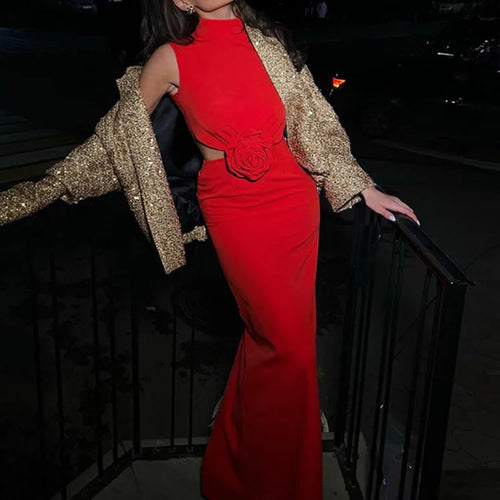 Load image into Gallery viewer, Elegant Sleeveless 3D Flower Bodycon Women Party Evening Dress New Solid Color Half High Collar Backless Sexy Vestido
