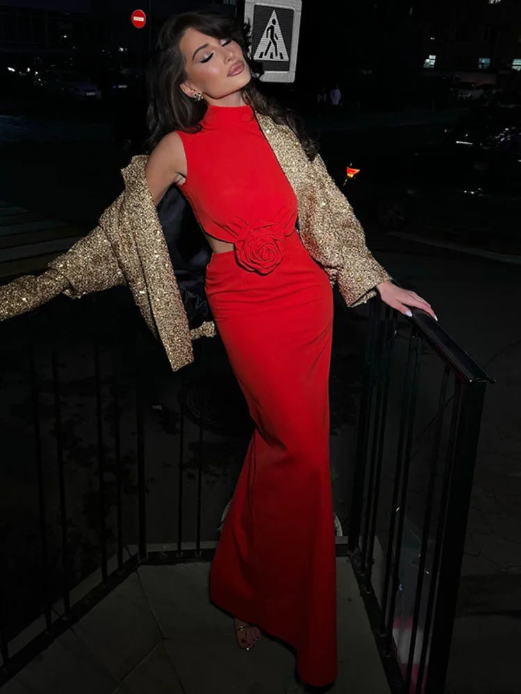 Elegant Sleeveless 3D Flower Bodycon Women Party Evening Dress New Solid Color Half High Collar Backless Sexy Vestido