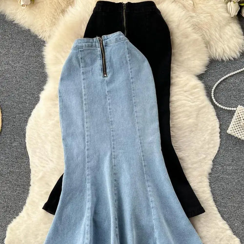 Load image into Gallery viewer, 2023 New Women Black Denim Split Long Skirts Autumn High Wasit Blue Mermaid Jeans Skirt Female A-line Ruffled Fishtail Skirt Y2k

