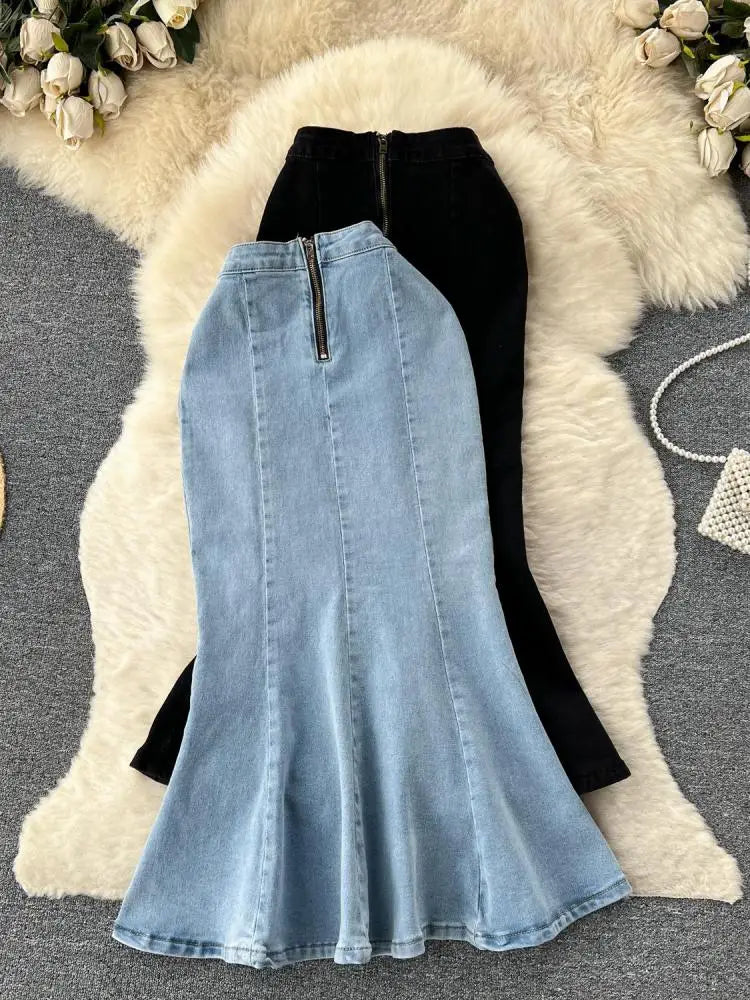 2023 New Women Black Denim Split Long Skirts Autumn High Wasit Blue Mermaid Jeans Skirt Female A-line Ruffled Fishtail Skirt Y2k