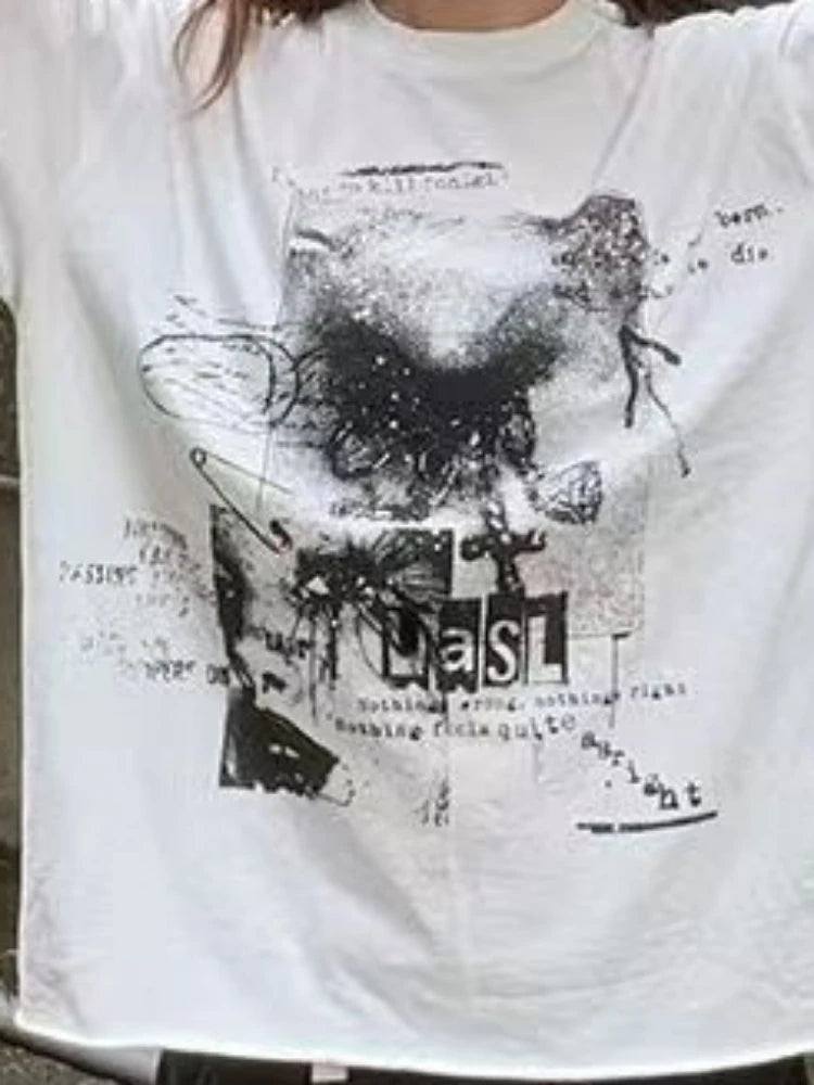 2025 Spring White Letter Printing All Match T-shirts Harajuku Casual Loose Vintage Tops Men and Women Grunge Y2k Aesthetic Tees
