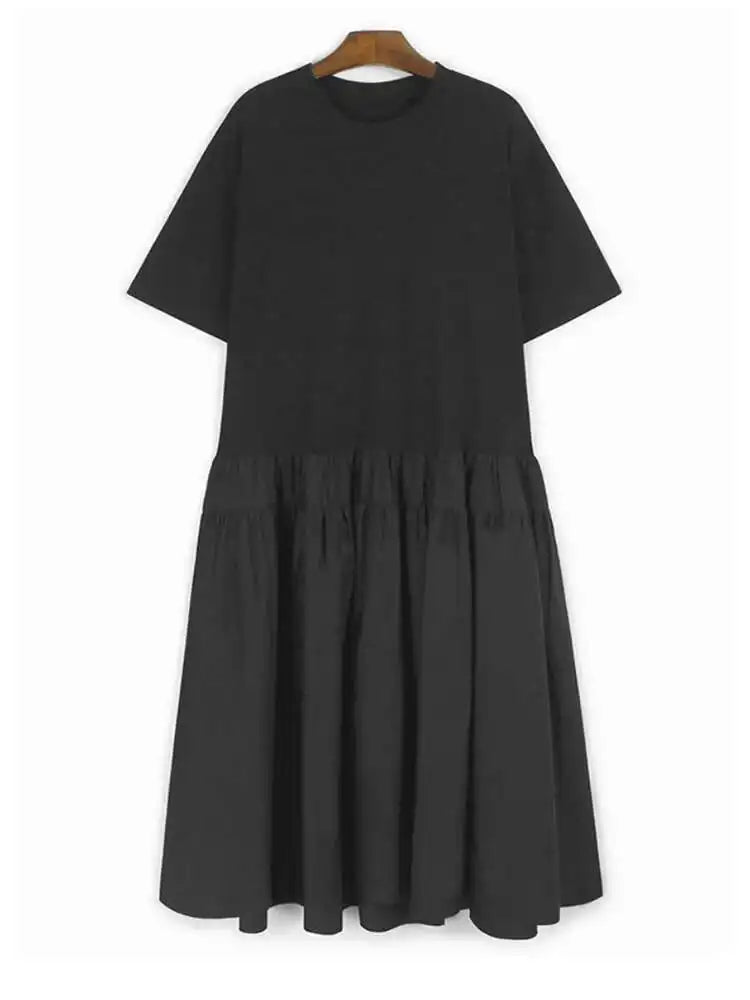 Women Army Green Pleated Hem Big Size Midi Dress New Round Neck Short Sleeve Fashion Tide Spring Summer 2025 1DJ0781