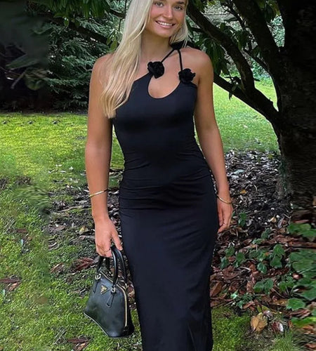 Elegant Sleeveless Irregular Bodycon Women Evening Dress 2024 Fall New Flower Ornament Shoulder Vestido Sexy Long Dress