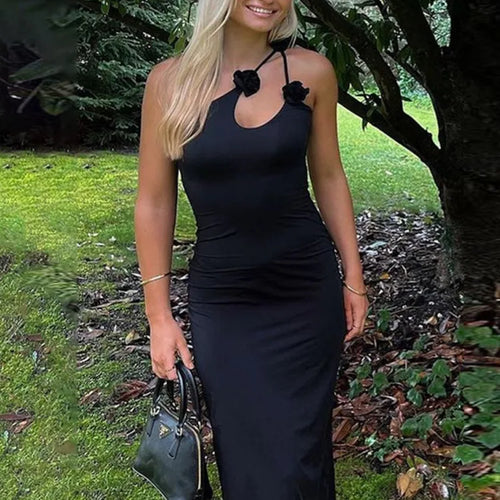 Load image into Gallery viewer, Elegant Sleeveless Irregular Bodycon Women Evening Dress 2024 Fall New Flower Ornament Shoulder Vestido Sexy Long Dress
