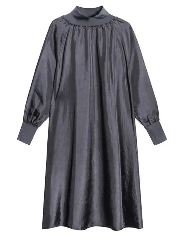 Women Gray Brief Long Big Size Elegant Dress New Turtleneck Long Sleeve Loose Fit Fashion Tide Spring Autumn 2025 1DH0252