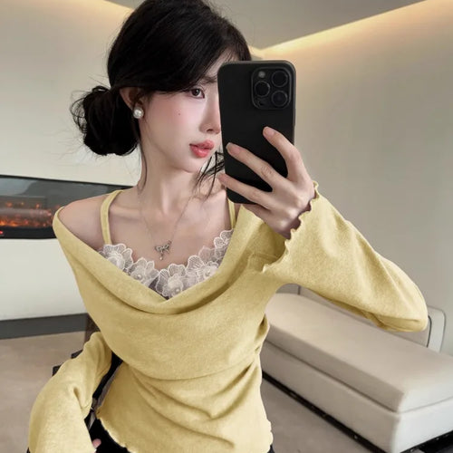 Load image into Gallery viewer, Korean Chic Lace Flower Patchwork T-Shirt Fashion Fairy Gentle Knitted Y2k Top Sweet Pleated Casual Grunge Tee Femme Streetwear
