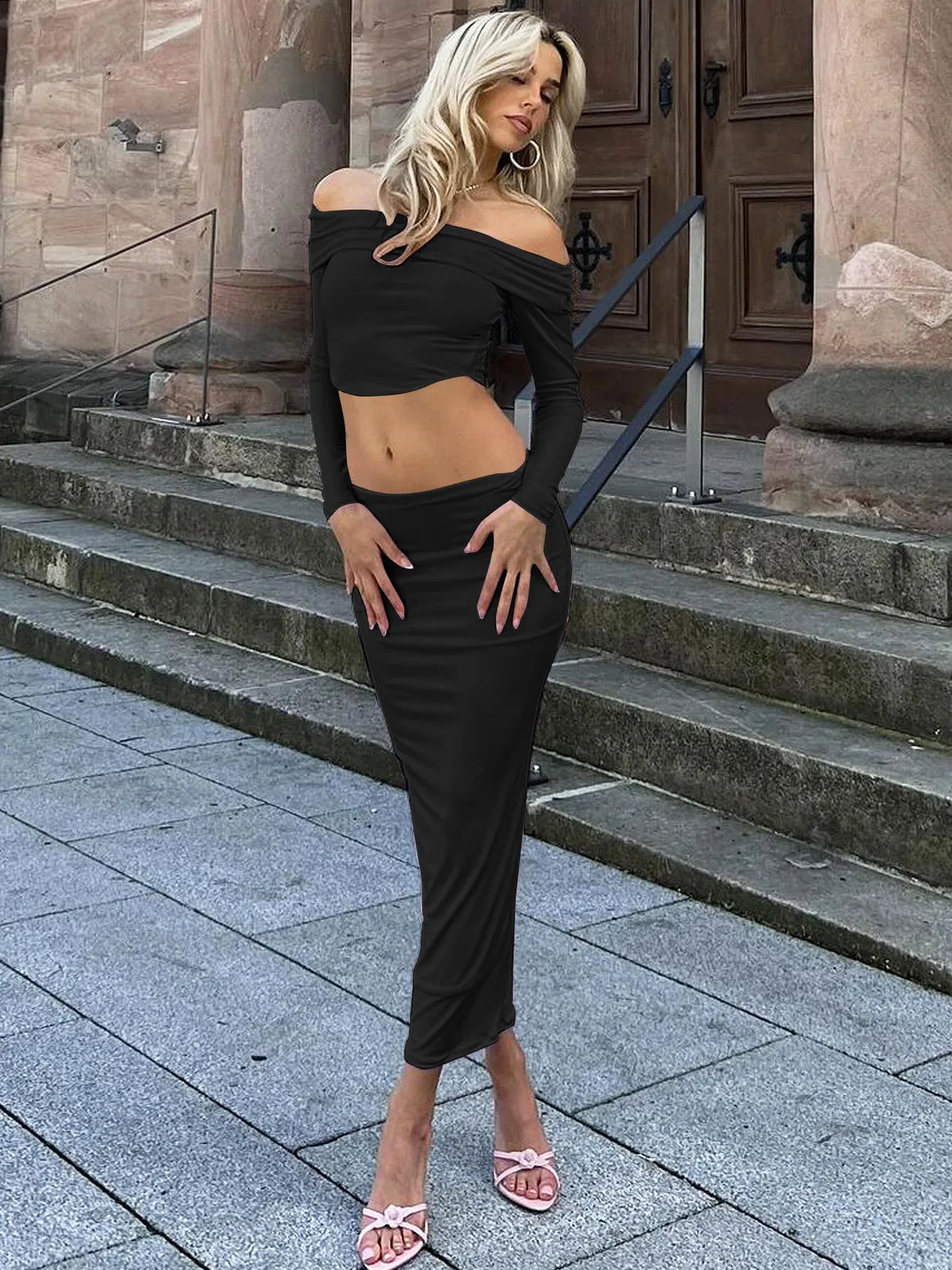 Women Casual Outfit Solid Long Sleeve Sexy Slim Crop T-Shirt Maxi Skirt Autumn Y2K Clothes Streetwear Festival