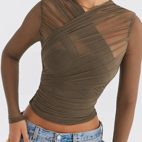 Load image into Gallery viewer, Sheer Mesh Long Sleeve Sexy T-shirt Women 2023 Autumn New V Neck Zipper Layered Skinny Club Party Sexy Tops
