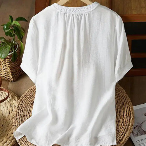 Load image into Gallery viewer, Vintage Women White Beige Embroidery Loose Single Breasted Short Sleeve Cotton Shirt Summer Round Neck Elegant Festival Tops New
