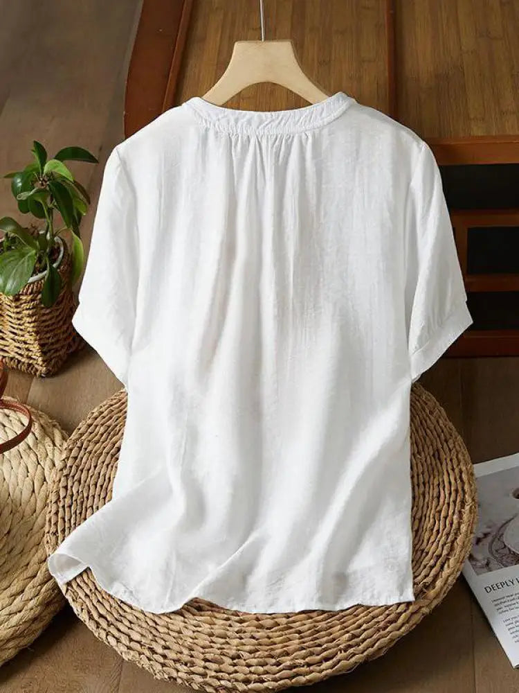 Vintage Women White Beige Embroidery Loose Single Breasted Short Sleeve Cotton Shirt Summer Round Neck Elegant Festival Tops New