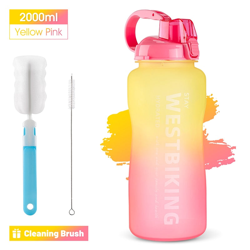 2L Fitness Water Bottle Gradient Color Cycling Running Sport Large Capacity Portable Bottle With Cleaning Cup Brush