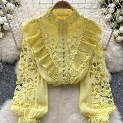 Load image into Gallery viewer, Women's Vintage Sweet Solid Long Sleeved Ruffle Edge Lace Shirt Y2k Korean Fashion Tide Autumn Winter 2023 Hollowed Out Tops New
