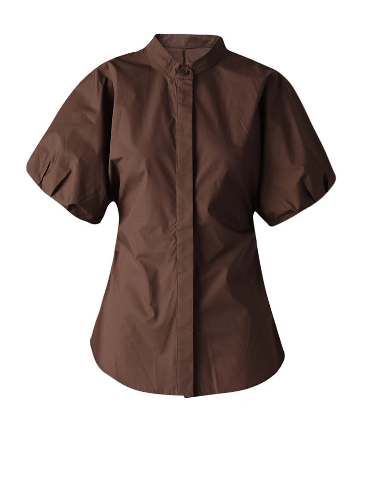 Women Coffee Shaped Elegant Blouse New Stand Collar Short Puff Sleeve Shirt Fashion Tide Spring Summer 2025 CPG3251