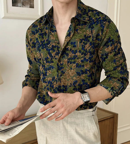 Men's Long Sleeve Shirts New Spring Casual Printing Design Korean Losse Single Breasted Stylish Turn-down Collar Top 9W1577