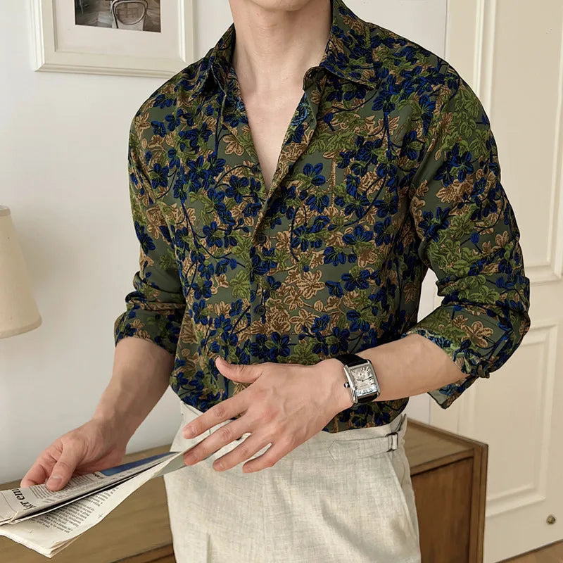 Men's Long Sleeve Shirts New Spring Casual Printing Design Korean Losse Single Breasted Stylish Turn-down Collar Top 9W1577