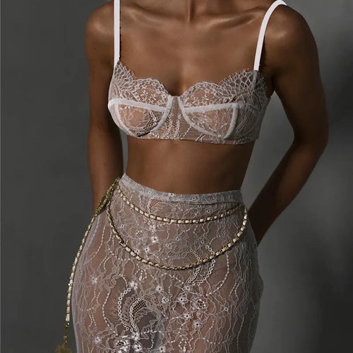 Load image into Gallery viewer, See Through Lace Two Piece Skirt Sets Women Crop Top And Maxi Skirt Sets Elegant Party Beach Sexy Two Piece Set
