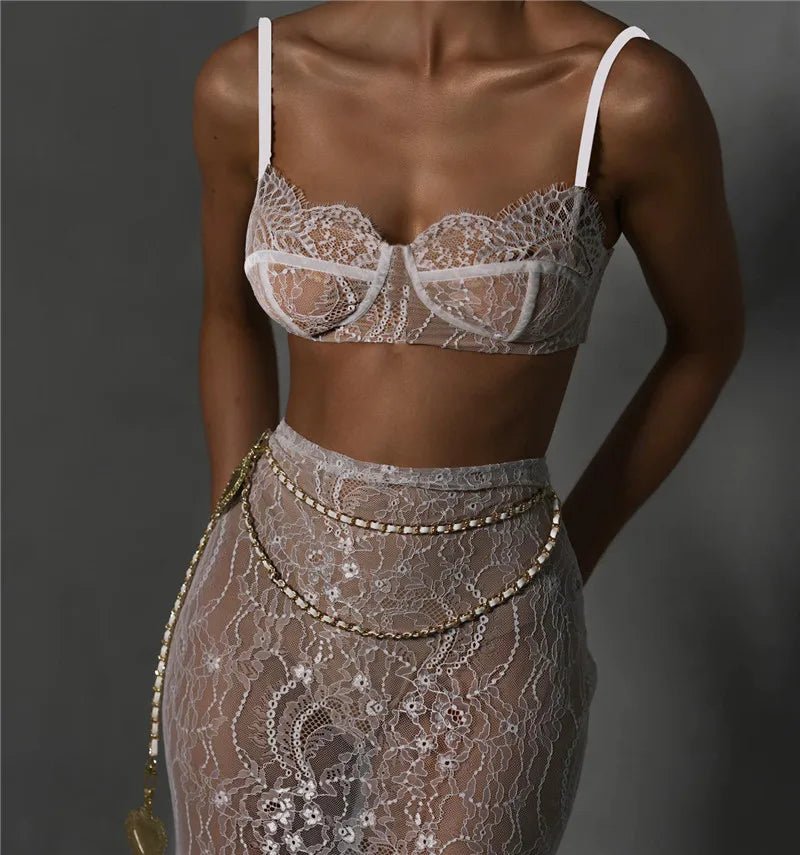 See Through Lace Two Piece Skirt Sets Women Crop Top And Maxi Skirt Sets Elegant Party Beach Sexy Two Piece Set
