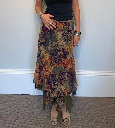Vintage Floral Printed Asymmetric Hem Skirts Women Summer Low Waist Slimming Skirt 90s Fairy Mesh Pathced Outfits New