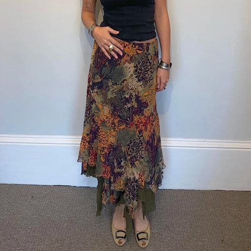 Load image into Gallery viewer, Vintage Floral Printed Asymmetric Hem Skirts Women Summer Low Waist Slimming Skirt 90s Fairy Mesh Pathced Outfits New
