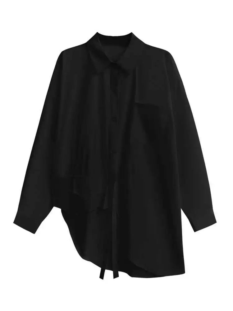 Women Black Big Size Asymmetric Blouse New Lapel Long Sleeve Loose Fit Shirt Fashion Tide Spring Autumn 2025 1DH3448