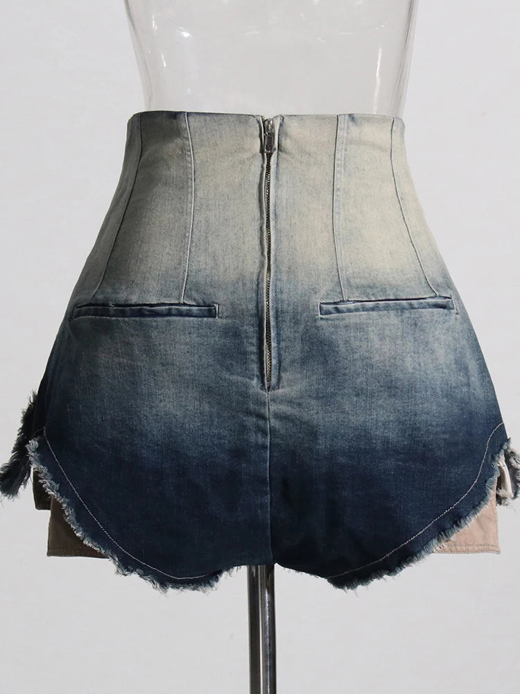 Y2K Ombre Denim Shorts For Women High Waist Irregular Raw Hem Patchwork Zipper Short Trousers Female Summer Fashion Clothing