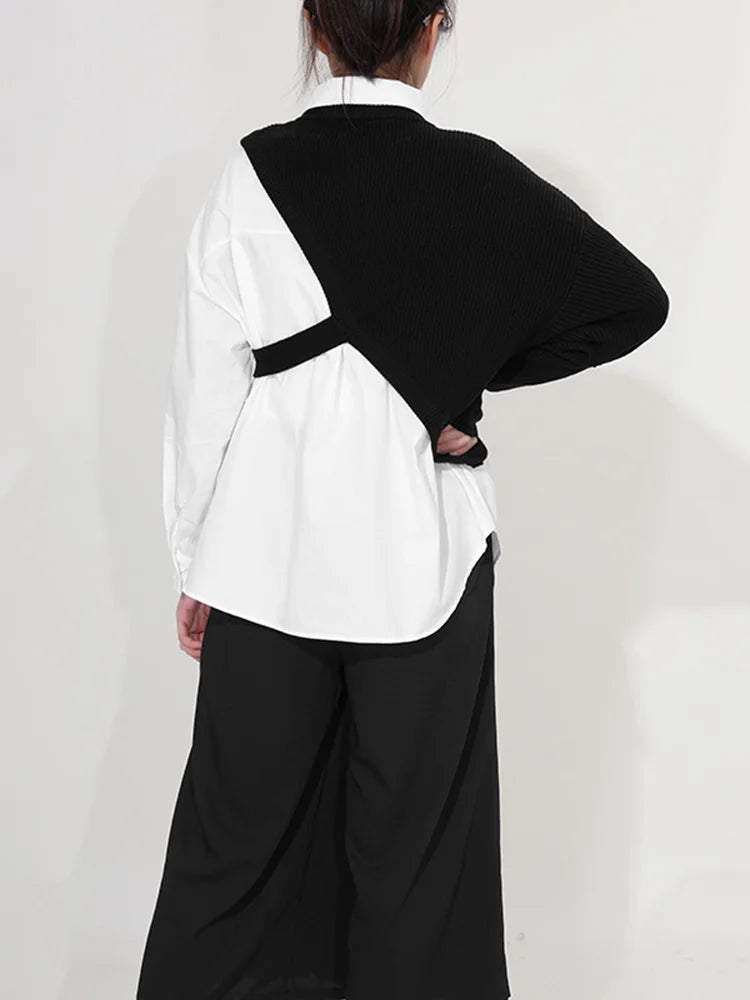 Women White Knitting Split Big Size Blouse New Lapel Long Sleeve Loose Fit Shirt Fashion Tide Spring Autumn 2025 1DC019