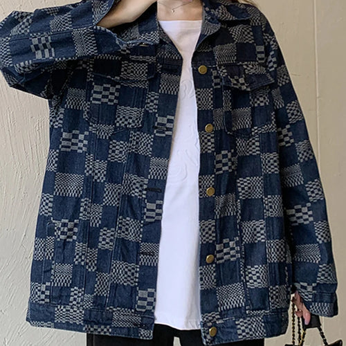 Load image into Gallery viewer, Autumn Chessboard Checker Denim Coat Women Korean Fashion Loose Retro Blue Black Plaid Denim Jackets Women Top
