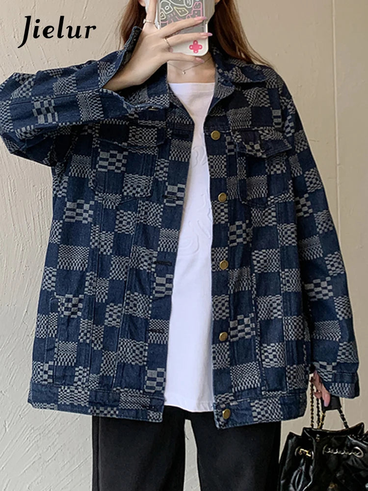 Autumn Chessboard Checker Denim Coat Women Korean Fashion Loose Retro Blue Black Plaid Denim Jackets Women Top