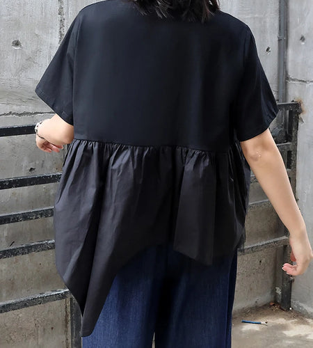 Women Black Irregular Hem Mesh Big Size Casual T-shirt New Round Neck Short Sleeve Fashion Tide Spring Summer 2025 1DJ0644