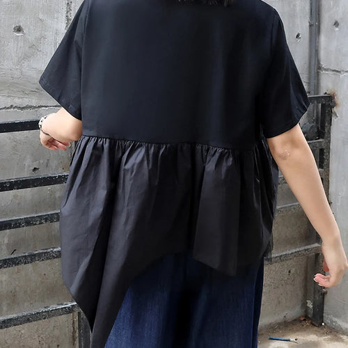 Load image into Gallery viewer, Women Black Irregular Hem Mesh Big Size Casual T-shirt New Round Neck Short Sleeve Fashion Tide Spring Summer 2025 1DJ0644
