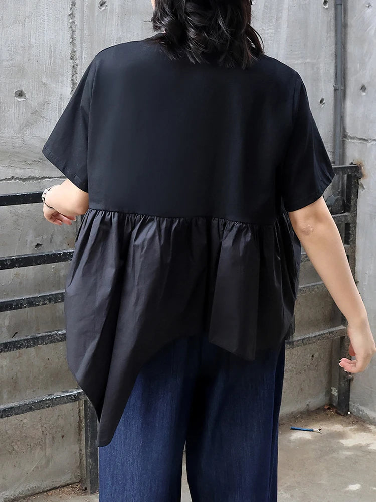 Women Black Irregular Hem Mesh Big Size Casual T-shirt New Round Neck Short Sleeve Fashion Tide Spring Summer 2025 1DJ0644